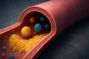 Representación visual del colesterol en el torrente sanguíneo: la acumulación de placas puede obstruir las arterias y aumentar el riesgo cardiovascular. La diferencia entre LDL (“colesterol malo”) y HDL (“colesterol bueno”) es clave para mantener la salud arterial.